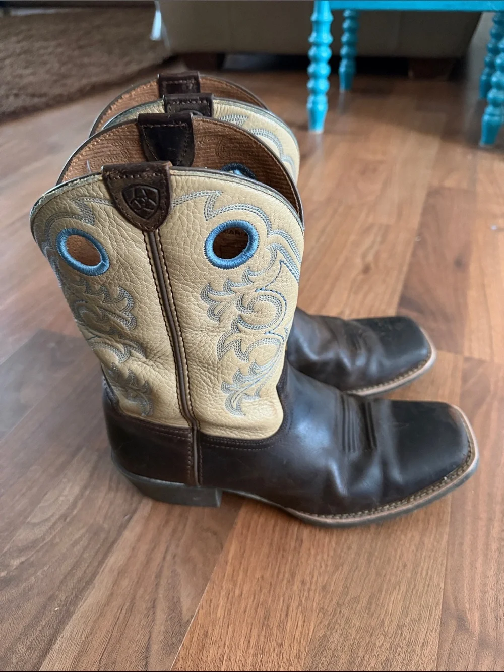 Ariat Brown Leather Western Boots with Cream Shaft and Blue Accents